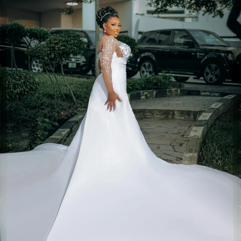 trumpet wedding dress with long sleeves Wide v neck long sleeves lace underlayer low u back embellished trumpet wedding gown GLGL3659