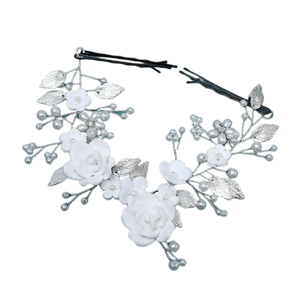 Diadème de mariage nuptiale casque élégant accessoires de cheveux fait à la main argent fleur épingle à cheveux perle barrettes de cheveux