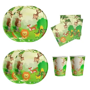 Pafu safari conjunto de talheres de festa infantil, material para chá de bebê, copos, guardanapos, animais da selva, para 16