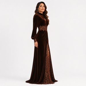 Abito Corsetto Elegante Taglie Forti, <span class=keywords><strong>Vestito</strong></span> <span class=keywords><strong>Midi</strong></span> in <span class=keywords><strong>Velluto</strong></span> Nero da Donna a Maniche Lunghe con Ricami in Pizzo, Ultimi Modelli per Signore 2026 - Product Image 2
