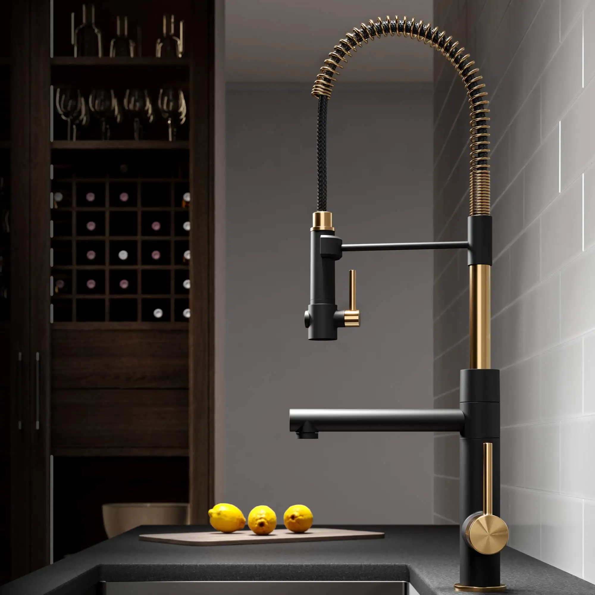 Luxury Design High Arc Deck Mounted 304 Stainless Steel Black&Gold Pull Out Sprayer UPC Big Kitchen Faucet Two Lever