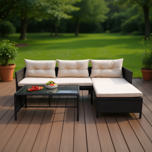 Conjunto de Muebles de Jardín Db Outdoor de Mimbre Sintético, 3 Piezas, Sofá Seccional Negro con Cojines Color Caqui, Muebles de Patio Contemporáneos - Product Image 2