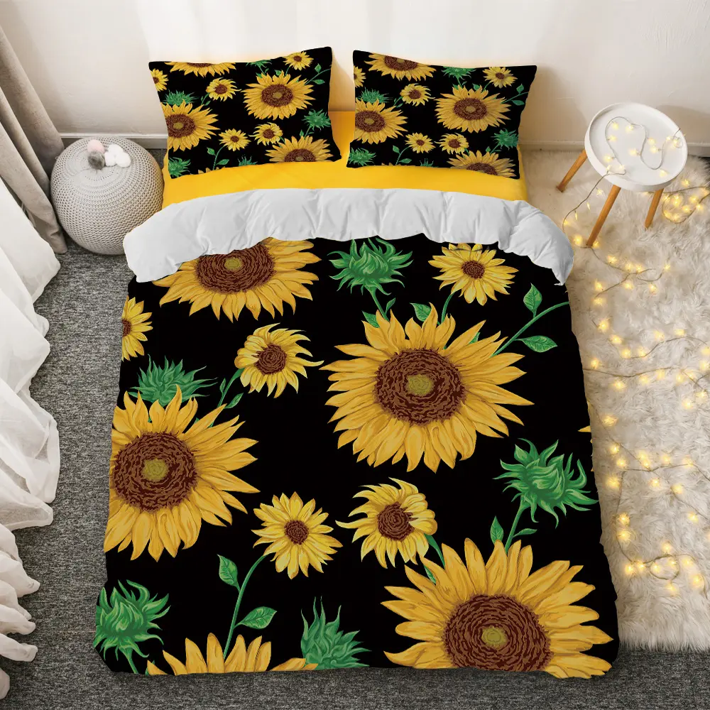 Custom ized Soft Comfortable Home Textile 3D Digitaldruck Sonnenblume 100% Polyester Bettwäsche Set Bett bezug 3St