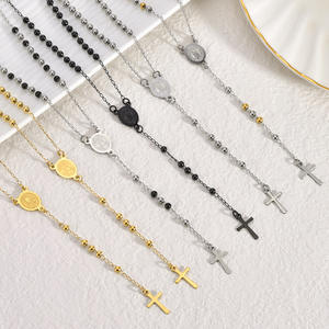 Collana Rosario Cattolico da Donna in Acciaio Inossidabile Placcato Oro con Crocifisso di Gesù e Croce della Vergine Maria, alla Moda Cristiana - Product Image 1