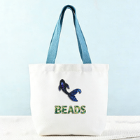 Sac fourre-tout en toile personnalisable avec poignées, motif brodé de perles animaux marins, initiales en option, couleur unie, taille moyenne