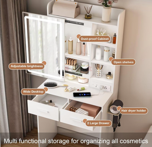 Petit coiffeuse moderne avec miroir LED réglable, prises de courant intégrées, rangements, tabouret, tiroirs et étagères pour chambre à coucher - Product Image 4