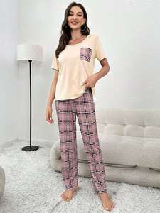 <span class=keywords><strong>Pigiama</strong></span> <span class=keywords><strong>Estivo</strong></span> da Donna a Maniche Corte, Stile Casual Quotidiano, Pantaloni a Quadri, Set <span class=keywords><strong>Pigiama</strong></span> con Top e Pantaloni Lunghi - Product Image 6