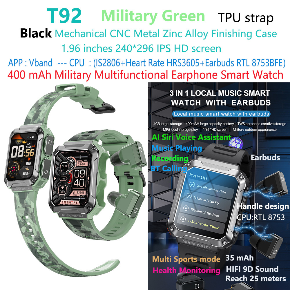 reloj inteligente con auriculares T93-tws verdes