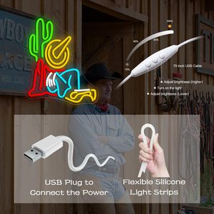 En stock: Letrero luminoso LED de neón con diseño de sombrero de vaquero y cactus, estilo western, para decoración de pared en sala de juegos, dormitorio, bar, o como regalo de cumpleaños, con cuerpo de lámpara de plástico - Product Image 3