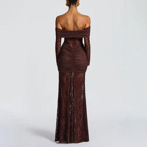 ZYHT 73491 <span class=keywords><strong>Couture</strong></span> hors épaule dentelle pure Sexy à manches longues moulante sirène robe Chic élégante soirée longue robe de Cocktail - Product Image 2