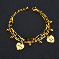 Pulsera de Boda de Doble Capa con Corazones de Circones de Moda, Chapada en Oro, de Acero Inoxidable y Cuentas, con Nombre Grabado