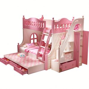 Letto a Castello Multifunzionale in Legno Massello per Bambini con Scivolo e Armadio, Stile Castello delle Principesse - Product Image 1