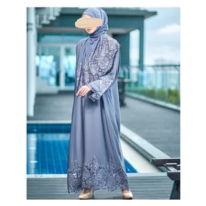 SIPO Eid Mubarak New Arrival Umrah Lace Sulaman Jubah Luxury Muslim Misty Blue Abaya Islamic Modern Modest Wear For Women