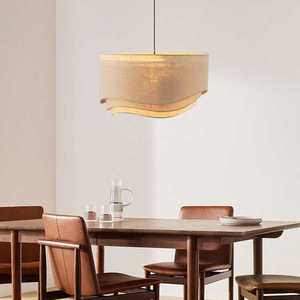 Japanese Wabi Sabi Linen Chandelier Round E27 Led <b>Light</b> For <b>Dining</b> Living Room Bedroom Study Tea Room - Product Image 4