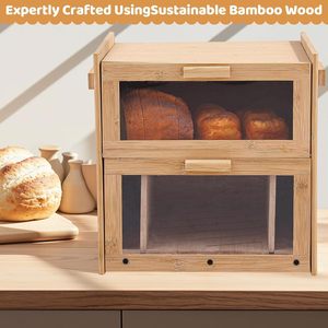 Boîte de rangement à pain en bois Minghui, double couche, porte en acrylique, multifonctionnelle, pour la cuisine, le rangement des toasts - Product Image 3