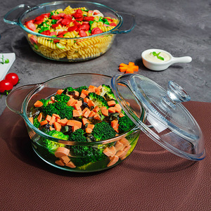 Hxglass Plat à Rôtir Rond en Verre Trempé Transparent Résistant à la Chaleur 0.8L 1L 1.7L avec Couvercle pour <span class=keywords><strong>Four</strong></span>, Salade et Ramen - Product Image 5