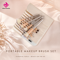 12Pcs Set Kuas Makeup Portabel Bulu Sintetis Lembut Alat Kosmetik Gagang Kayu Kantong Perjalanan Kulit PU Beige untuk Wajah dan Mata