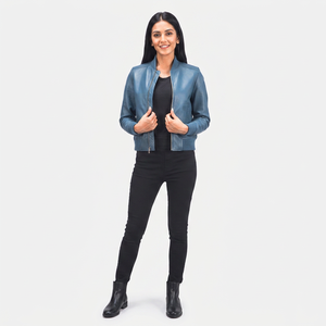 Luxury Blue Bomber Leather Jacket Women Custom Zippers Embroidery Breathable Waterproof Windproof <b>New</b> <b>Skin</b>-Fashion Jacket - Product Image 6