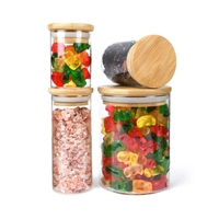Bocaux en verre avec couvercle en bois et ventouse, 1 oz, 2 oz, 4 oz, 6 oz, 10 oz, 18 oz, 1, 3,5, 7, 10, 14, 28 grammes, pour le stockage de fleurs et d'aliments, avec couvercles en bambou