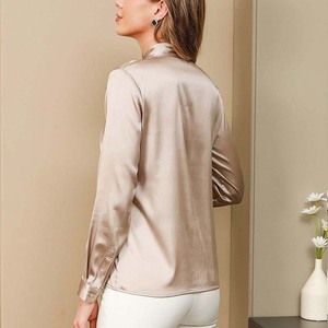 Offre Spéciale nouveau Style élégant nœud papillon cou Blouse couleur unie soie à manches longues chemise bureau dame soie Blouse - Product Image 5