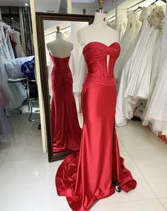 Wholesale Red Mermaid Satin Long Gown Sweetheart Prom Evening Dress 2025