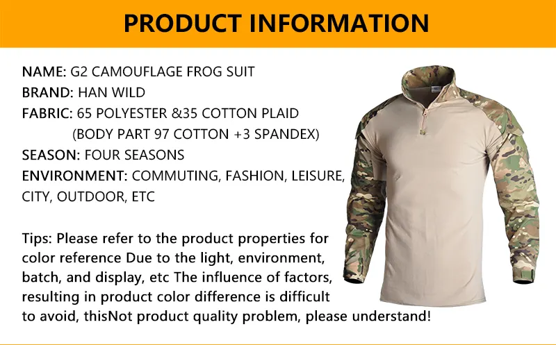 HAN WILD Tactical Jacket Hiking Uniform Camouflage Tear Proof G2 Frog Suit