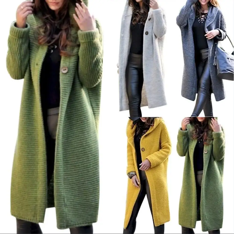 New fashion fall autumn winter knitted hooded long coat jacket ladies cardigan women's sweaters