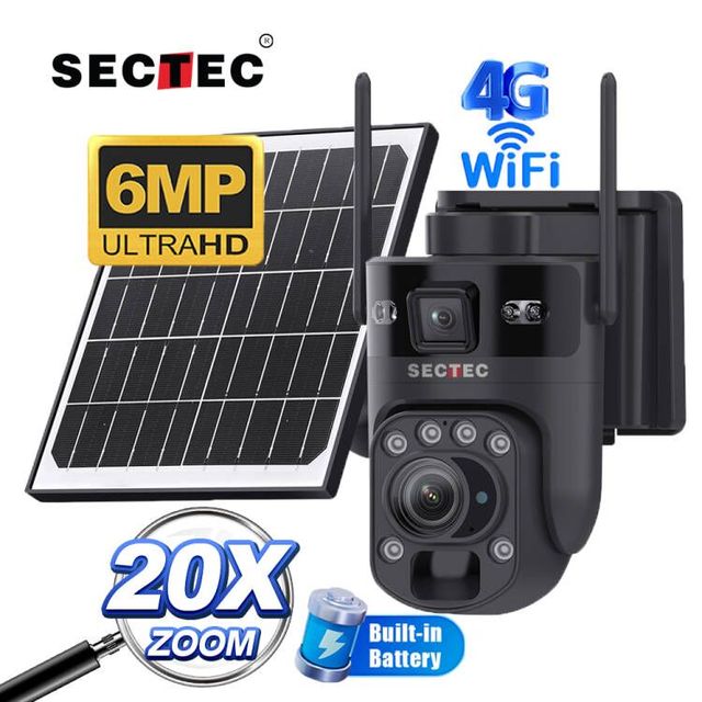 SECTEC HD 6MP 4G Dual Lens 20X Zoom Solar Battery-included PIR Solar Powered Outdoor Home Security PTZ IP Camera CCTV Camera