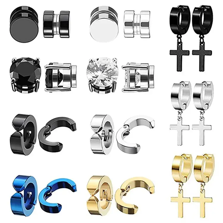 G1598 Hot Sale Male Cross Pendant Hoop Non Pierceng earring Men Ear Clip Stud Cz Zircon Black Magnet Earrings For Men