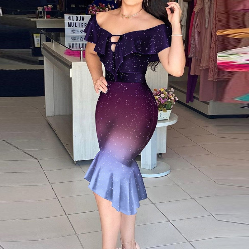 Y220171 Spring Summer Elegant Plus Size Women Dress shining Woman Formal Dresses Ruffled Off Shoulder Mermaid Wedding Apparel
