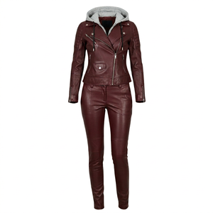 Ensemble de survêtement pour femme en cuir PU de qualité supérieure avec capuche – Veste à fermeture éclair asymétrique et pantalon slim – Tenue de luxe en deux pièces - Product Image 1