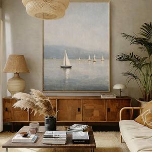 Peinture murale paysagère marine vintage neutre et douce, décoration intérieure de luxe, faite à la main, texturée, esthétique commerciale - Product Image 1