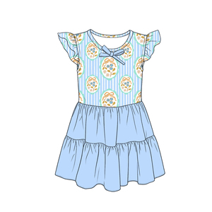 GSD4105 Vestido hasta la rodilla con estampado de flores y rayas azules para niñas, venta al por mayor - Product Image 1