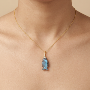 Best selling hand carved gemstone fish pendant <b>with</b> tiny cz accents 18k gold plated animal design jewelry brass chain necklaces - Product Image 3