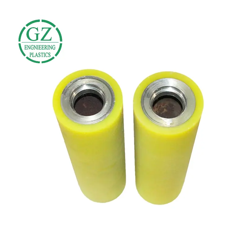 yellow pu rubber roller factory customized high wear resistant polyurethane Polymer Plastic Steel Driving Conveyor Roller