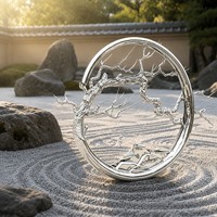 Sculpture circulaire d'arbre de pin d'inspiration zen - Art extérieur sur mesure de grande envergure en acier inoxydable