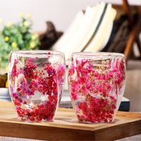 Taza de Vidrio de Borosilicato de Doble Pared de 300 ml, Diseño Moderno, con Decoraciones de Flores Secas, para Café y Leche