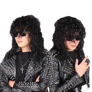 Pelucas de los 80 para <span class=keywords><strong>Hombre</strong></span>, Pelucas Largas y Onduladas Negras Estilo <span class=keywords><strong>Mullet</strong></span> para Mujer, Peluca de Rocker de Heavy Metal, Peluca para Disfraz de Halloween, Venta al Por Mayor - Product Image 1