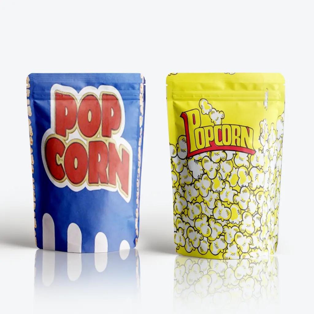 Design personalizado Impressão Resealable Food Grade Malotes Reutilizável Ziplock Bag Embalagem Stand Up Popcorn Pouch