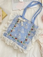 Bolso Tote Vintage de Lona con Bordado Floral a Cuadros, con Volantes y Encaje, de Gran Capacidad, para Niñas, para la Escuela, Viajes y Uso Diario