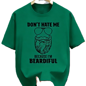 T-shirt divertente con stampa 'Don't Hate Me Because I'm Beardiful' e gioco di parole sulle barbe, maglietta oversize in cotone a maniche corte, streetwear, top casual - Product Image 4