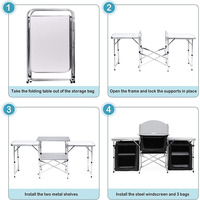 Cuisine de camping en aluminium portable, table de cuisson pliable d'extérieur avec pare-vent et 3 armoires de rangement pour les barbecues, les fêtes et les pique-niques