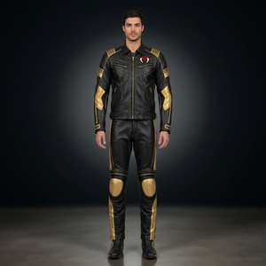 Conjunto de Chaqueta y Pantalones de Motociclismo de Cuero Negro y Dorado con Estampado Personalizable para Hombre - Product Image 1