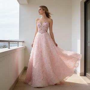 Elegante Abito da <span class=keywords><strong>Sera</strong></span> Rosa con Scollo a Cuore, Vestito da Ballo Linea A, Abito da Festa da Donna con Rose 3D e Perline Senza Spalline - Product Image 2