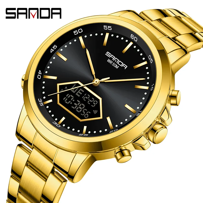 SANDA 3301 Trendy vendita caldo nuovo modello LED digitale Display analogico 50M impermeabile antiurto moda uomo uomo uomo orologio da polso