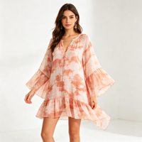 Robe mini tie-dye pour femme, manches cloche, col en V, cordon de serrage à pampilles, ourlet à volants, fluide, cache-maillot de plage