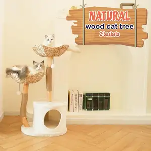 Modern Multi-Level Cat Tower Hiding Enclosure Natural Wood Cat Tree With Scratch Post