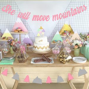 Decorazioni per Baby Shower a Tema Montagna, Striscione 'She Will Move Mountains', Banner con Alberi di Montagna Rosa <span class=keywords><strong>e</strong></span> Grigio per Festa Baby Shower Avventura - Product Image 6