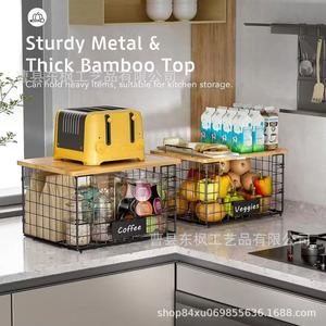 Wooden Metal Storage <b>Basket</b> With Cutting Board For Kitchen Fruit <b>Vegetable</b> Organizer Durable Rectangle <b>Standing</b> Type - Product Image 3
