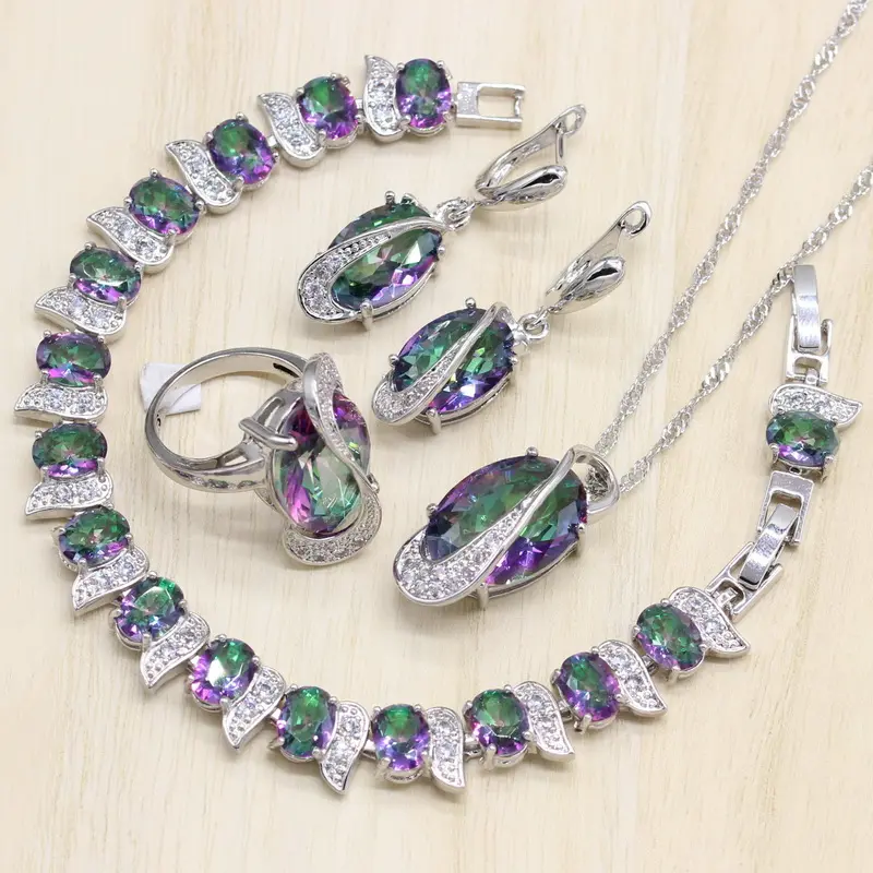 Rainbow Cubic Zirconia Jewelry Sets for women White Gold Earrings Pendant Necklace Ring Bracelet